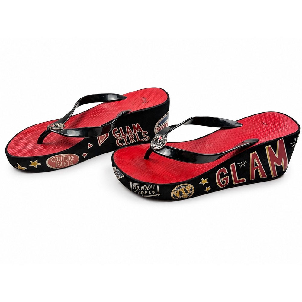 Brighton Vintage Y2K Glam Red Platform Wedge Flip Flops Women's Size 8